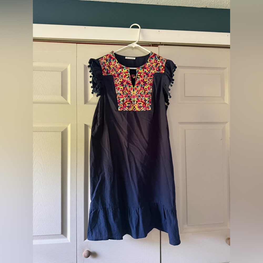 Navy Shift Dress with Colorful Embroidered Yoke - large but fits like a medium
